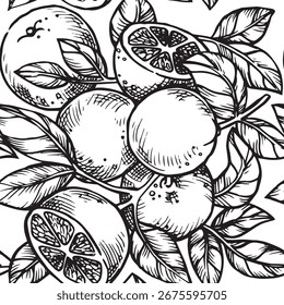 Seamless pattern with orange fruits and leaves. Vector illustration in sketch style

