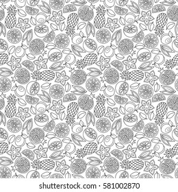 Seamless pattern with orange fruits and leaves. Hand Drawn Monochrome Texture, Decorative Leaves, Coloring Book . Vector illustration.