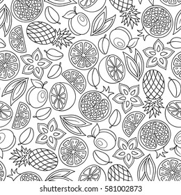 Seamless pattern with orange fruits and leaves. Hand Drawn Monochrome Texture, Decorative Leaves, Coloring Book . Vector illustration.