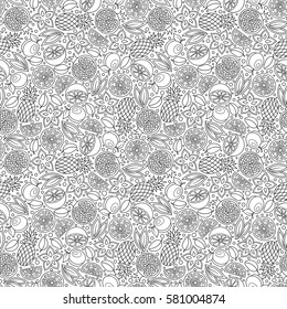 Seamless pattern with orange fruits and leaves. Hand Drawn Monochrome Texture, Decorative Leaves, Coloring Book . Vector illustration.