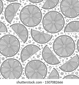 Seamless pattern with orange fruits on a white background. Hand-drawn, doodle, zentangle design elements. Coloring book page for adult.