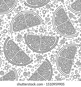 Seamless pattern with orange fruits on a white background. Hand-drawn, doodle, zentangle design elements. Coloring book page for adult.