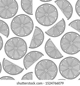 Seamless pattern with orange fruits on a white background. Hand-drawn, doodle, zentangle design elements. Coloring book page for adult.