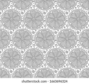 Seamless pattern with orange fruits on a white background. Hand-drawn, doodle, zentangle design elements. Coloring book page for adult.