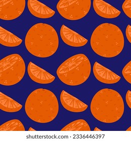 Seamless pattern with orange fruits  on a dark background. Hand drawn illustration