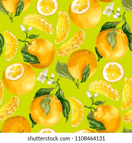 Seamless pattern with orange fruits and slices. Blooming flowers on the branches of fruits in graphic vector illustration on green marine  background