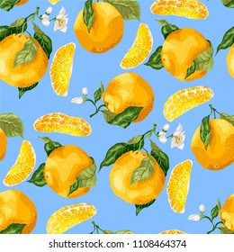 Seamless pattern with orange fruits and slices. Blooming flowers on the branches of fruits in graphic vector illustration on blue  background