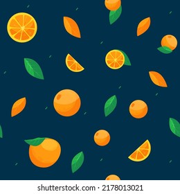 Seamless pattern with orange fruits and slices. Suitable for fabric or wrapping paper or summer background or juice box. Vector illustration in flat cartoon style.