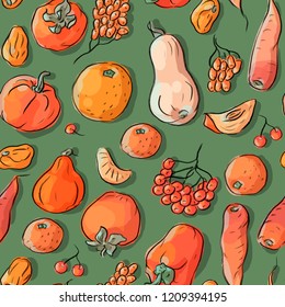 Seamless pattern with orange fruits and vegetables, pumpkin, mandarin, persimmon, sea buckthorn, orange, bell pepper, rowan