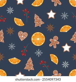 Seamless pattern with orange, gingerbread cookies, star anise, snowflakes and red berries on dark blue background