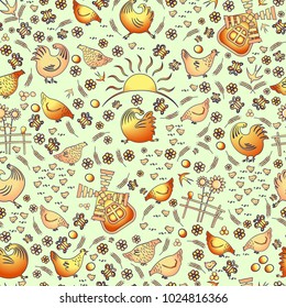 Seamless pattern. Orange, gold ornament on a yellow background. Mills and wicker fences with sunflowers. Roosters, chickens, chickens. Easter eggs. Swallows, flowers, butterflies. Vector illustration.