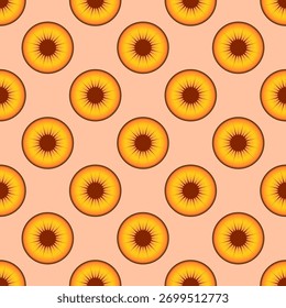 Seamless pattern with orange gradient circles on peach background, each containing a black star shape. Design resembles both peach slices and stylized eye irises, perfect for modern decorative use.