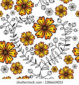 Seamless pattern with orange gradient flowers and leaves and berries on a transparent background. Vector image eps 8