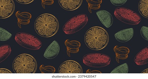 Seamless pattern with orange, grapefruit, lime, orange peel. Sketch of citrus. Engraving style slices of oranges on black background. Hand drawn vintage illustration with fruits. Vector