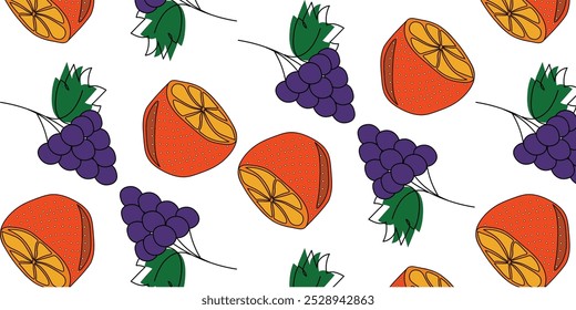 Patrón sin fisuras con naranja y uvas sobre un fondo blanco.    Plantilla brillante para papel de regalo, testículo, Fondo de pantalla. Ilustración vectorial dibujada a mano.