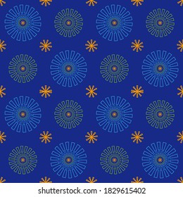 Seamless pattern (orange, green and blue) in navy background. 