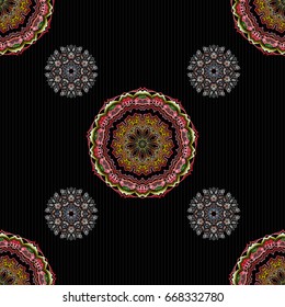 Seamless pattern with orange and green elements on black background. Good for Christmas cards, decoration, menus, web, banners and designs related to wine and holidays. Vector illustration.