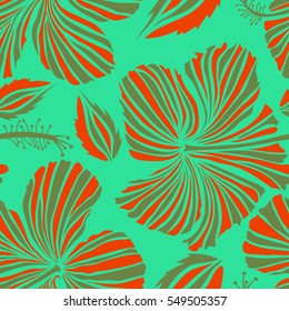 Seamless pattern with orange and green flowers. Vector illustration. Vector illustration of orange and green hibiscus flowers.