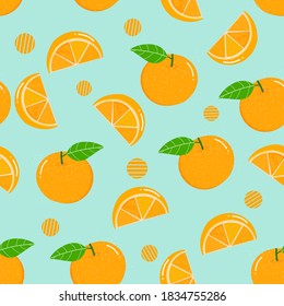 Seamless pattern of orange with green leaves on blue background vector illustration.