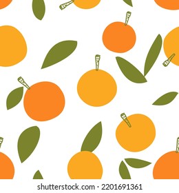 Patrón sin foco de naranja con hojas verdes en la ilustración vectorial de fondo blanco.