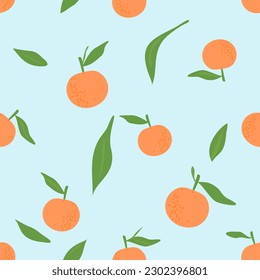 Seamless pattern of orange with green leaves on green mint background vector illustration. Cute fruit print.