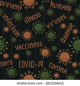 Seamless pattern with orange and green viruses or coronaviruses with text (vacciness, humans, disease, infection, prevent, illness, mers, covid-19) on black background with horizontal lines