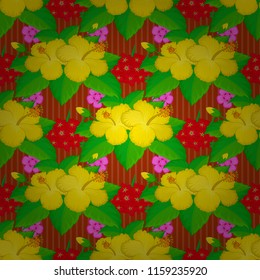 Seamless pattern in orange, green and yellow colors. Vector hand drawn painting of orange, green and yellow hibiscus flowers.