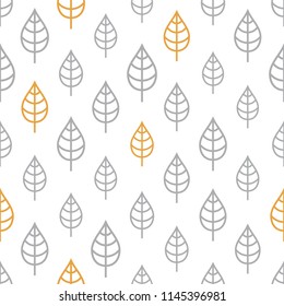 Seamless pattern with orange and grey leaves in different sizes on white background