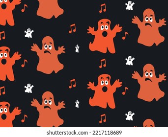 Nahtloses Muster mit orangefarbenen, zwischen Geistern geschnitzten Gesichtspunkten und Notenschildern auf schwarzem Hintergrund. Vektorgrafik