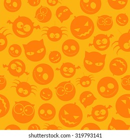 Seamless Pattern of Orange Halloween icons on Yellow Background. Vector illustration