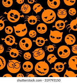 Seamless Pattern of Orange Halloween icons on Black Background. Vector illustration