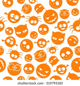 Seamless Pattern of Orange Halloween icons on White Background. Vector illustration