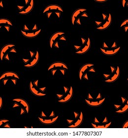 Seamless pattern with orange halloween pumpkin carved faces. Vector october party background. Can be used for scrapbook, wallpaper, textile print, page fill. Vector illustration.