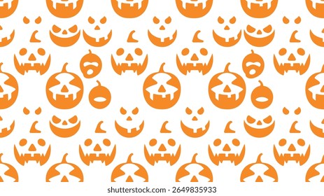 Seamless pattern of orange halloween pumpkin faces silhouette