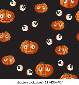 Seamless pattern with orange Halloween pumpkins carved faces and red eyed on black background. Can be used for scrapbook digital paper, textile print, page fill. 
