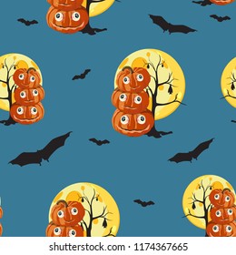Seamless pattern with orange Halloween pumpkins carved faces, moon and bat on dark blue background. Can be used for scrapbook digital paper, textile print, page fill. Vector illustration.
