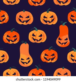 Seamless pattern with orange halloween pumpkins in stamp style. Vector illustration for scrapbook, paper, textile print, posters. Halloween background for decoration.