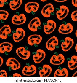 Seamless pattern with orange halloween pumpkins on black background. Vector october party background. Can be used for scrapbook, wallpaper, textile print, page fill. Vector illustration.