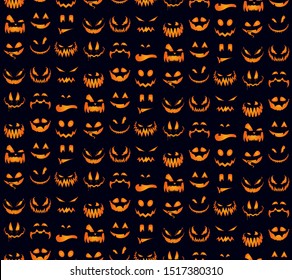 Seamless pattern with orange halloween pumpkins carved faces silhouettes. Can be used for scrapbook digital paper, textile print, page fill. Vector happy helloween illustration.
