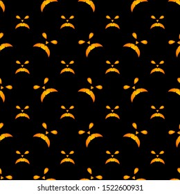 seamless pattern with orange halloween pumpkins carved faces silhouettes on black background. vector illustration.