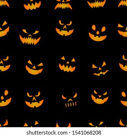 Seamless pattern with orange halloween pumpkins carved faces silhouettes on black background.