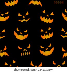 Seamless pattern with orange halloween pumpkins carved faces silhouettes on black background.