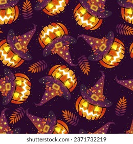 Seamless pattern of orange Halloween pumpkins with fall leaves. Perfect for fall, Halloween, holidays, fabric, textile.