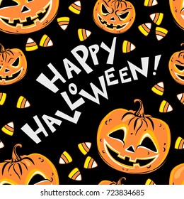 Seamless pattern with orange halloween pumpkins, candies and text Happy Halloween on black background. Halloween design template for scrap-book paper, textile print, page fill. Vector