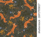 Seamless pattern with orange hand drawn foxes, plants, flowers, and acorns, fall pattern. Vector illustration with animals and plants.