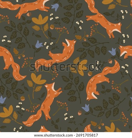 Seamless pattern with orange hand drawn foxes, plants, flowers, and acorns, fall pattern. Vector illustration with animals and plants.