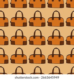 Nahtloses Muster mit orangen Handtaschen auf hellorangefarbenem Hintergrund. Vektorbild.