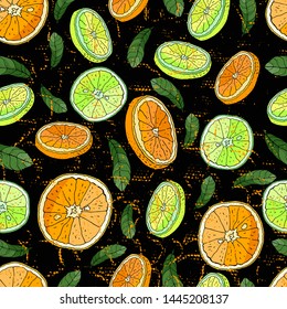 Seamless pattern with Orange. Handmade. Vector, floral ornament. Print for bed linens, fabric, textiles, wallpaper, greeting cards, wrapping paper, gift box 
