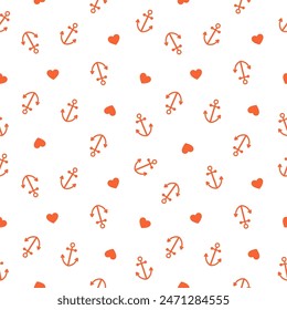 Seamless pattern with orange hearts and anchors