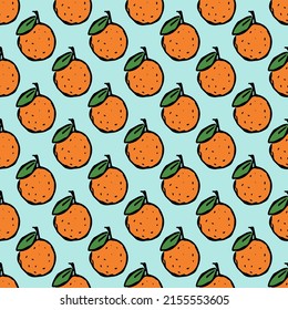 Seamless pattern with orange icons. Colored orange background. Doodle vector illustration with fruits